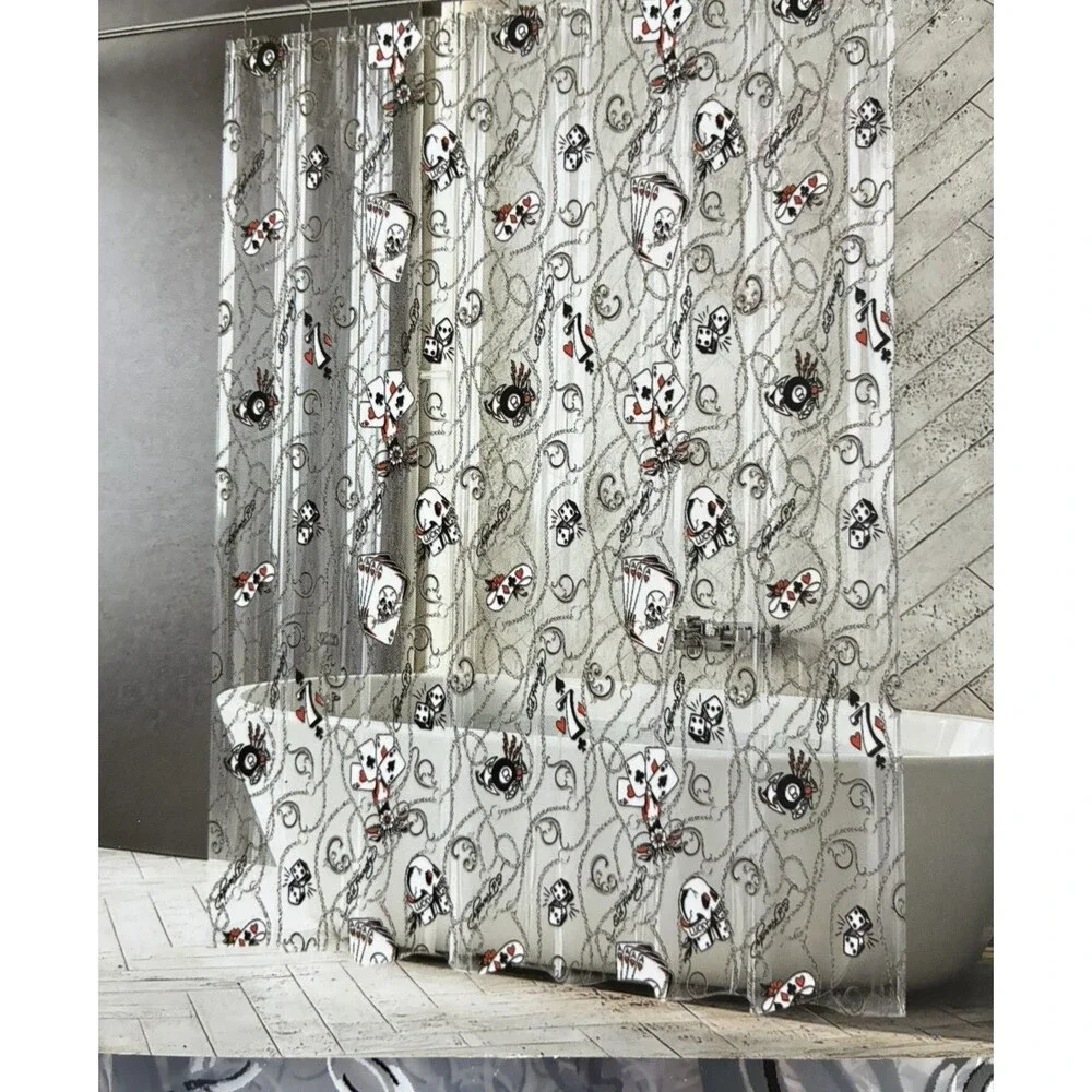 Ed Hardy Printed PEVA Shower Curtain Liner Tattoo Skull Chains 72x72 New